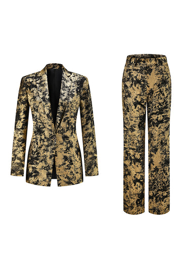 Black Golden 2-Piece Peak Lapel One Button Women Suits